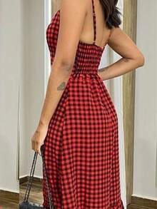 Women's Long Dress Viscose Plaid Lastex Back Straps Loose - Cuadros rojos - Ver 5