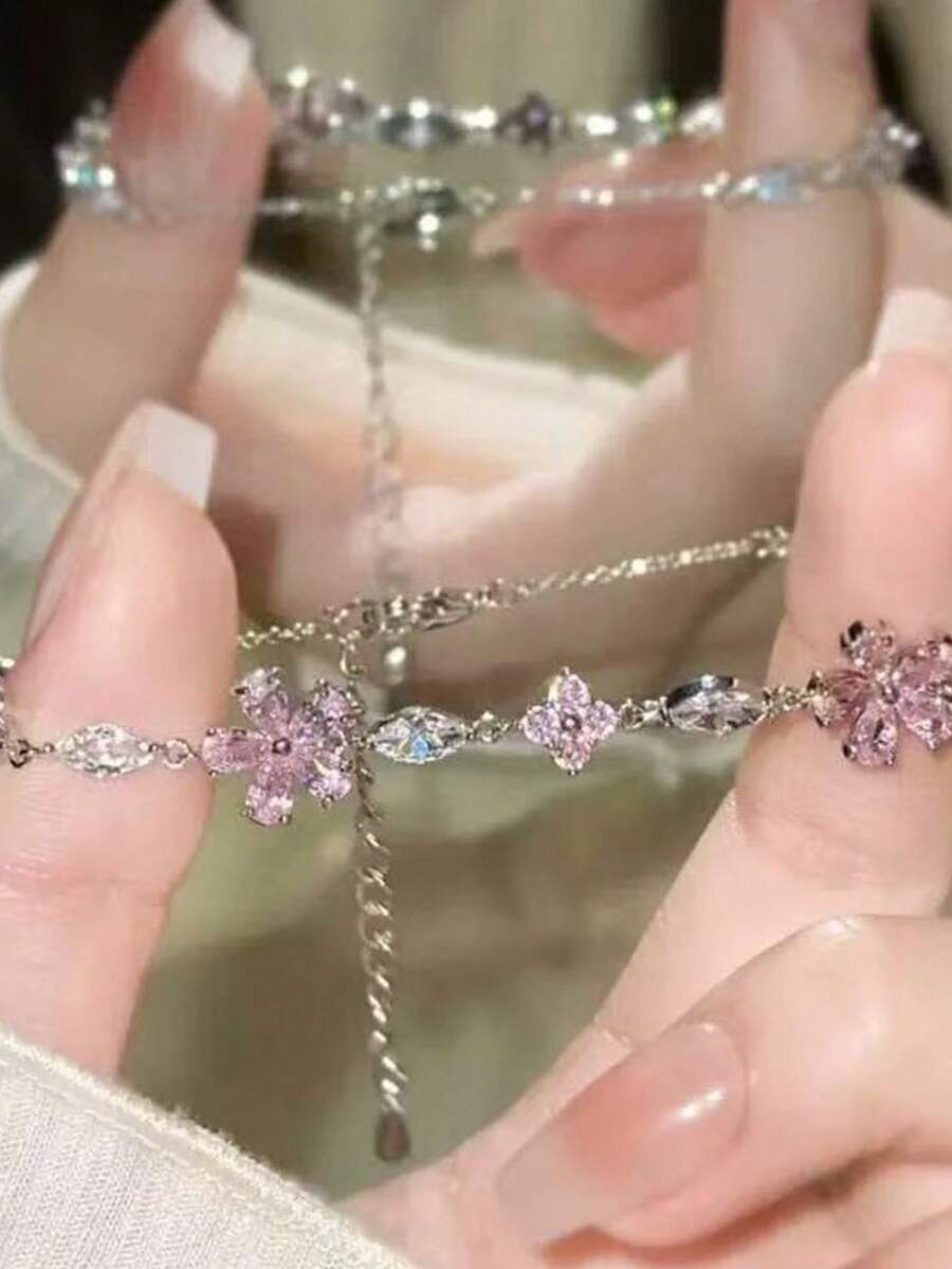 Elegant Cherry Blossom Chain Decoration With Pink Flowers And Star Shaped Pendant - Valentine's Day Gift, Lightweight And Exquisite Design For Women's Summer Parties, Suitable For Casual Wear, Adjustable