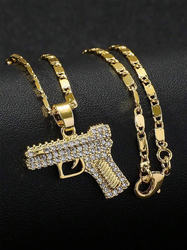 Colar masculino com pingente de pistola e strass dourado, adequado para uso diário