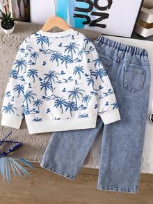 青少年男孩棕榈树印花圆领运动衫和休闲牛仔裤 - 白色 - 查看 2