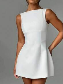 Women's Sleeveless Pearl Trim Crew Neck White Fit & Flare Dress, Elegant Outfit For Wedding Guest/Birthday Party/Evening Event, Classy White Dresses For Women - trắng - Xem 3