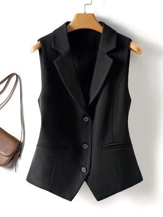 女士纯色无袖背心 | 短款，纽扣翻领，可机洗，时尚休闲，春秋