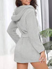Furry Fluffy Hooded Waist Tie Casual Sleepwear Robe, European & American, Winter, Cozy
