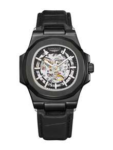 LONGLUX 1pc Men's Hollow Automatic Mechanical Waterproof Fashion Leather Band Watch - Black - View 3