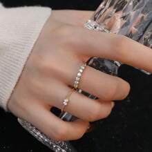 2pcs Women's Adjustable Open Crystal Heart Design Rings, Sweet & Fresh