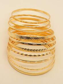 7 件/9 件/10 件/14 件时尚星星和心形图案开口手镯套装，适合女士，几何多元素设计，适合日常佩戴、度假和时尚礼物 - 金黃色 - 查看 3