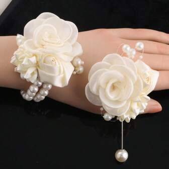 Ensemble de corsage de poignet + boutonnière, corsage de poignet en satin rose ivoire simulé Camélia assorti, boutonnière élégante perlée pour le marié et les garçons d'honneur SWXH101