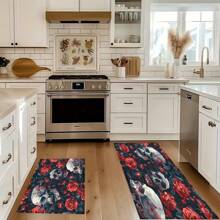 1 pieza Felpudo de entrada/baño/cocina/lavandería con estampado de esqueleto de Halloween y flores, de base de TPR y apariencia de lana sintética, para decorar el ambiente festivo, el hogar, fiestas, bodas y comedores