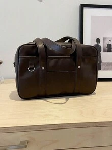 简约时尚 OL 托特包，女士 PU 皮革手提包，纯色大容量单肩包，适合工作 - 咖啡棕 - 查看 6