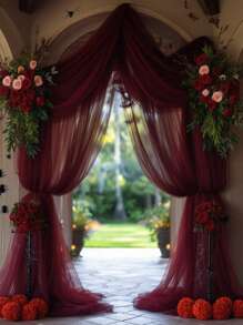 Wine Red Wedding Arch Curtain Tulle Polyester Fabric, 1-Piece Package, With Dimensions Of 75 Cm / 160 Cm * 600 Cm / 800 Cm. Transparent Background Curtain, Perfectly Suitable For Wedding Party Ceiling Decoration, Table Runner, Chair Back Decoration, And Various Event Scenes Such As Weddings, Engagements, Valentine's Day, Halloween, Christmas, Mother's Day, Birthday Parties, Graduation Ceremonies, And Banquet Decorations.
