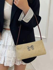 女士撞色蝴蝶结草编单肩包，时尚度假风 - 咖啡 - 查看 2