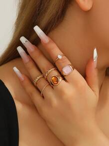 6 pièces/set Bagues en métal creux géométriques, décoration de motif en spirale de paume, bagues simples pour dames pour un port quotidien ou de fête
