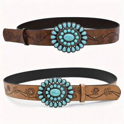 Thắt lưng khóa hình bầu dục màu ngọc lam Bohemian rộng 3,8cm, Thắt lưng da PU màu nâu dập nổi cổ điển, Thắt lưng phong cách phương Tây cổ điển dành cho phụ nữ và trẻ em gái, Thắt lưng đá sapphire chạm khắc, Váy, Quần jean, Phụ kiện áo sơ mi, Quà tặng ngày lễ Mùa hè, Trường học Mùa thu, Mùa thu, Halloween