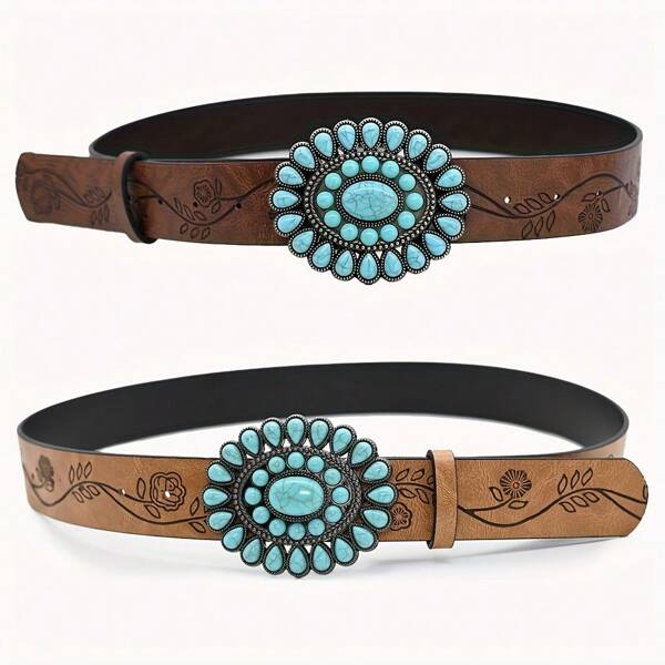 3.8cm Wide Bohemian Oval Turquoise Buckle Belt, Vintage Embossed Brown PU Leather Belt, Classic Western Style Belt For Women & Girls, Carved Sapphire Belt, Dress, Jeans, Shirt Accessory, Holiday Gift