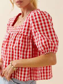 Women's Summer Plaid Print Tops Short Puff Sleeve Square-Neck Crop T-Shirt Casual Blouse - Đỏ - Xem 5