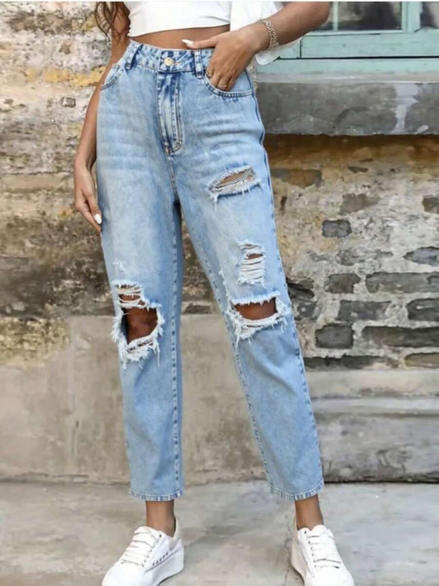 Pantalones vaqueros rotos y casuales de tela vaquera versátiles y de moda tipo 'mom', de ajuste relajado para uso diario y viajes, ideales para primavera/verano - Azul - Ver 1