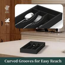 Small Silverware Organizer, Bamboo Kitchen Drawer Organizer, Utensil Holder, Cutlery Tray & Spoon Flatware Storage With Grooved Drawer Dividers (Black),6517230 - Black - View 5