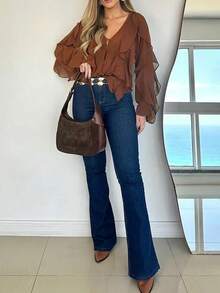 Women's Elegant V-Neck Ruffle Trim Asymmetrical Button Up Casual Chiffon Blouse, Long Sleeve