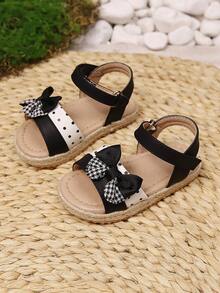 Neue Mädchen Schleife Patchwork Polka Punkt Muster flache süße niedliche Leinen Sohle Sandalen, geeignet für den Sommer - Schwarz - Übersicht 2
