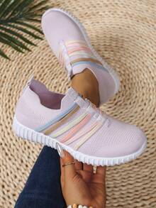 Zapatillas de deporte de punto transpirables con cordones de colores para mujer, súper ligeras y cómodas para caminar casual, fitness y uso diario