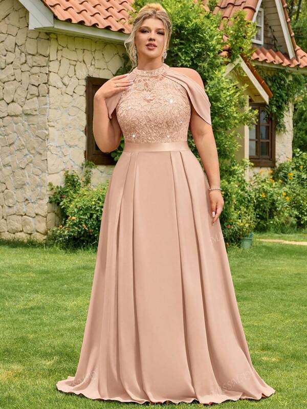 Vestido formal de fiesta, graduación, cena o boda con cuello halter, hombros con recorte, manga capa, detalle de encaje, lentejuelas y bajo plisado de gasa en contraste, para eventos especiales