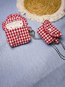 2er Set: Klassisches rotes kariertes handgefertigter Spitzen Kopfhörertasche & Münzbeutel + silberne versilberte lange Kette, geeignet für 4/3/Pro/ Pro 2/2/1, Galaxy Buds 3 Pro/Galaxy Buds 3