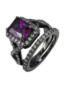 طقم خاتم خطوبة أنيق من الأحجار الكريمة البنفسجية والزركونيا، قطع وسادي اصطناعي، خواتم زفاف، مجوهرات للنساء