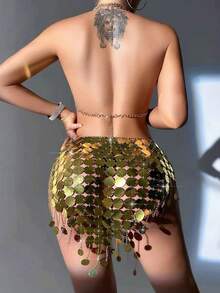 1入售銀色閃爍亮片裙鏈，歐美時尚性感復古派對夜店皇后迪斯科舞臺誇張銀色流蘇珠片迷你裙，腰鍊身體配飾