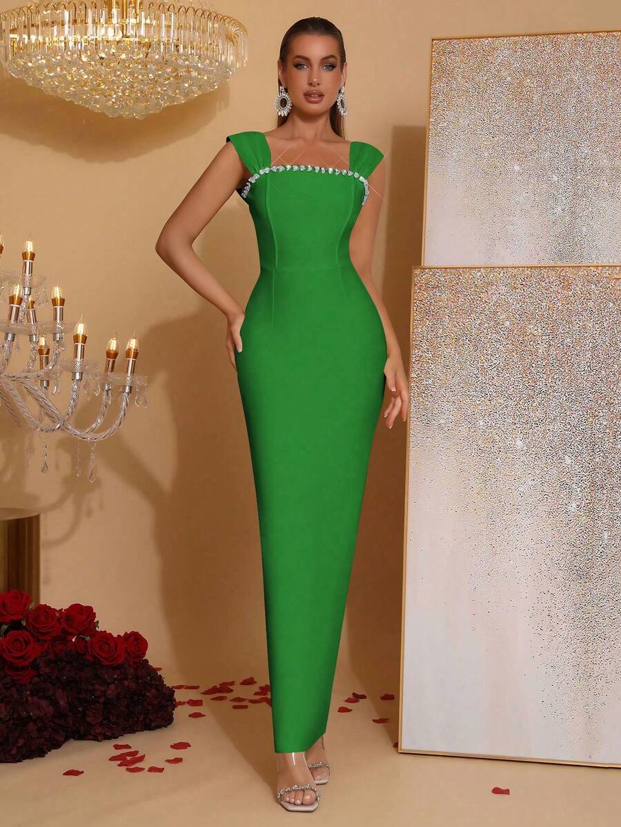 Modphy New Sexy Sparkling Rhinestone Decor Sleeveless Backless Maxi Bandage Dress, Elegant Women'S Long Formal Gown For Wedding, Party, Events
