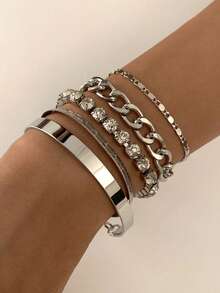 5 件套几何水钻串珠手链，复古简约手工爪链手链，适合派对、聚会和日常佩戴 - 銀色 - 查看 2