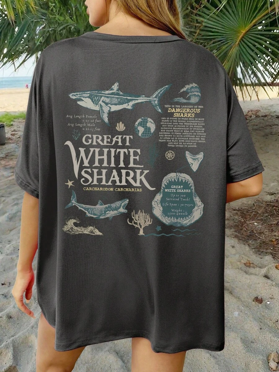 Howell Ladies' Large-Sized Retro Great White Shark T-Shirt - A Gift For Marine Animal Lovers, Marine/Wildlife Anatomy And Biology - A Cute Marine Protection T-Shirt