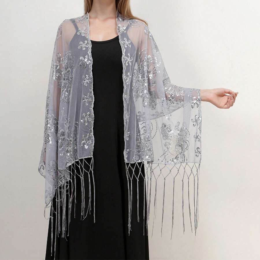 Women Summer Scarf, Elegant Sequins Tasseled Shawl Wraps Stoles For Casual Beach - Xám - Xem 1