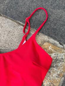 纯色撞色泳衣，性感连体泳装，女士度假海滩夏季泳装 - 紅色 - 查看 5