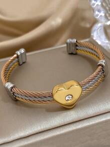 1 件银金色心形吊坠袖口手链女士可叠戴不锈钢手链日常派对珠宝圣诞礼物