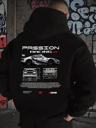 Plus Size Men's Casual Car English Graphic Print Zipper Hoodie Sweatshirt, Autumn/Winter