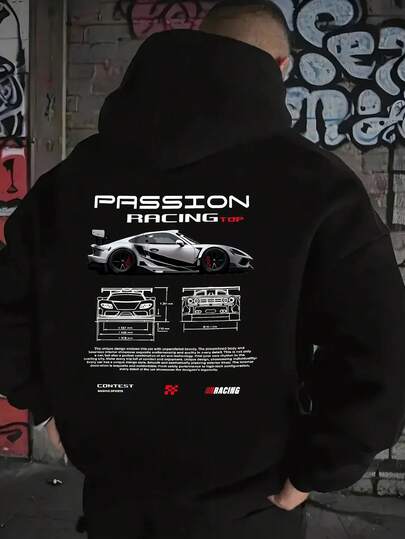 Plus Size Men's Casual Car English Graphic Print Zipper Hoodie Sweatshirt, Autumn/Winter, Long Sleeve Top