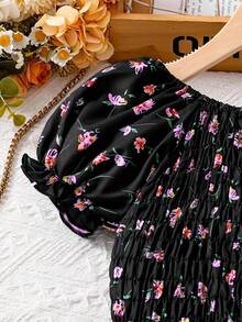 Refreshing Floral Pattern Tween Girl French Puff Sleeve Square Neck Waist Dress, Suitable For Summer Daily Wear, Outing, Travel And Vacation - Multicolor - View 8