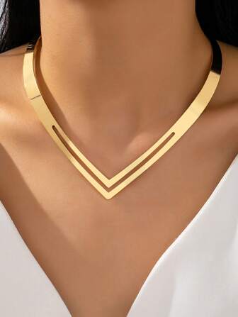 Collier en V double couche creux en métal, à la mode et simple, pour femme, idéal pour les banquets quotidiens, 1 pièce/ensemble
