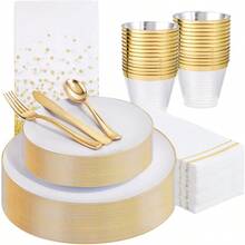 Festiva Juego De 176 Platos De Plastico Blanco Y Dorado Color Blanco Con Borde Dorado 25 Invitados Incluye Platos Tazas Cubiertos Servilletas Para Fiesta De Año Nuevo Boda Y Pascua - Redondodorado - View 1