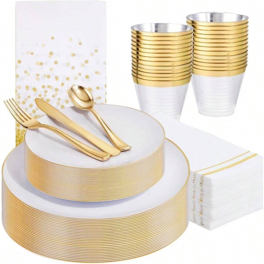 Festiva Juego De 176 Platos De Plastico Blanco Y Dorado Color Blanco Con Borde Dorado 25 Invitados Incluye Platos Tazas Cubiertos Servilletas Para Fiesta De Año Nuevo Boda Y Pascua - Redondodorado - View 1