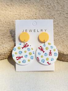 1 对女士贝壳和虾印花亚克力圆形耳环，海洋风格，海滩氛围