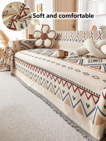 1 件装波西米亚风沙发毯 - 四季皆宜，宠物友好，防尘沙发套，带流苏 - 适用于客厅、厨房 - 可机洗，沙发毯