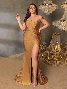 Faeriesty Curve Plus Off Shoulder Bodice Contrast Ruched Wrap Hem Formal Evening Party Dress