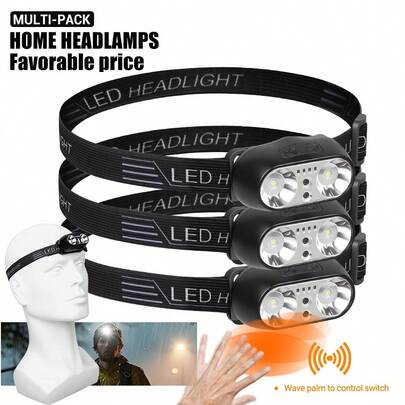 1 pieza Linterna frontal LED conveniente con sensor de movimiento, recargable, impermeable, adecuada para camping al aire libre, iluminación de emergencia en el hogar