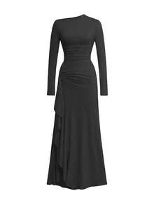 Women's Autumn Dress, Long Sleeve, Oblique Collar, Spaghetti Strap, Waist Cinched, Ruffle Hem, Asymmetric Slit, Elegant Style, Suitable For Vacation, Outing, Date, Party, And Back To School Season - Black - View 3