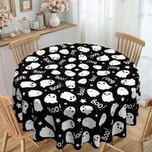 1 pieza Mantel rectangular, 145cm (57.08 pulgadas) de diámetro, 140x180cm (55.11 pulgadas x 70.86 pulgadas). Mantel de poliéster con estampado de fantasmas negros y blancos para Halloween, fondo negro con fantasmas blancos de dibujos animados y "¡BÚ!", adecuado para fiesta de Halloween, reunión de niños, decoración de restaurantes y decoración del hogar