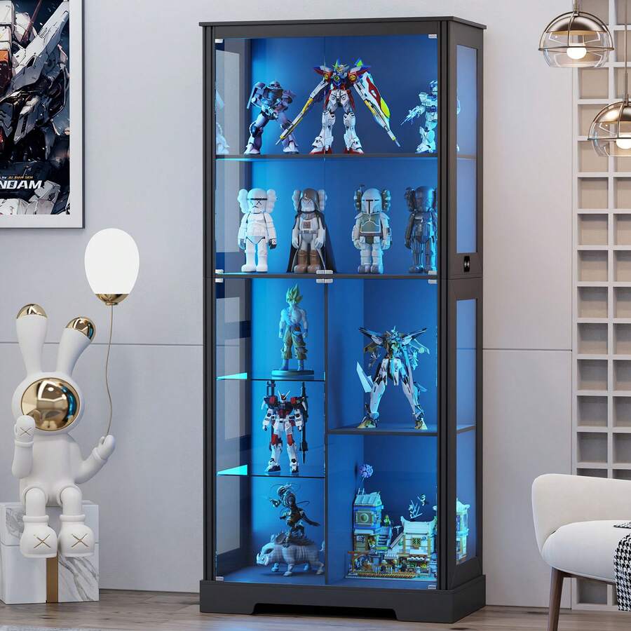 HNEBC Display Cabinet With Glass Doors,70'' Curio Cabinet With Adjustable Glass Shelf, 4-Tier Display Cases With 3 Color Lights For Collectibles, Storage Cabinets With Human Body For Books,Toys - màu đen - Xem 1