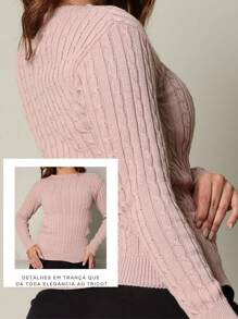 Blusa Tricot Manga Longa Gola Redonda Detalhe Trança gola tradicional sofisticado malha quente segunda pele