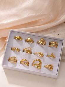 1/12 件时尚优雅休闲不锈钢戒指套装，适合男士和女士，适合日常搭配、节日、约会、订婚、婚礼，送给爱人、朋友、家人的礼物，1 件随机，12 件带礼盒