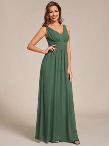EVERPRETTY Vestido de Dama de Honra Formal Longo Maxicom Decote em V, Sem Mangas, Franzido, em Verde Oliva Elegante de Chiffon para Casamento e Formatura